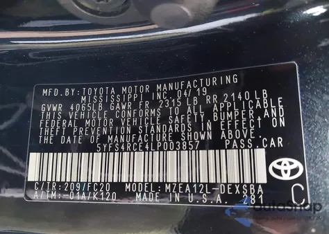 2020 Toyota Corolla Se from USA, damaged, VIN 5YFS4RCE4LP003857
